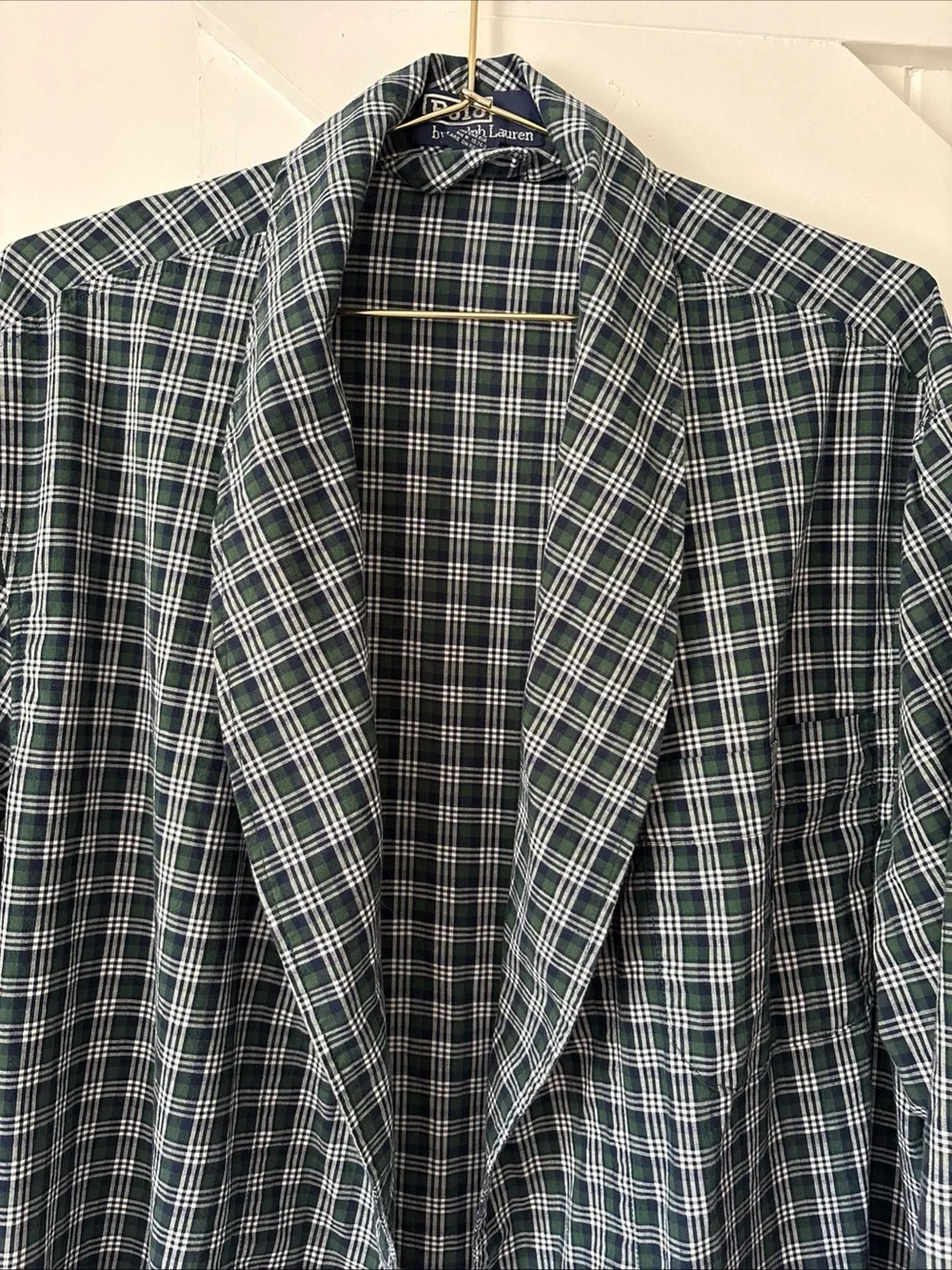 Polo Ralph Lauren Plaid Robe Navy Blue Green Cotton Shawl Collar S/M No Belt